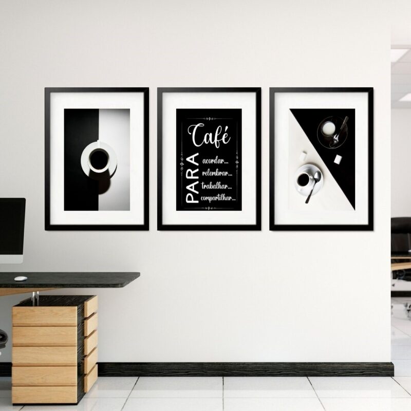 Kit 3 Quadros Grandes Café P&B 60x48cm