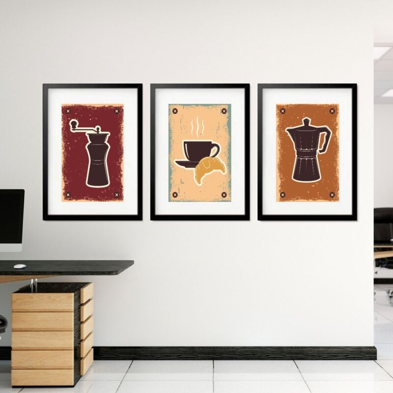 Kit 3 Quadros Grandes Café Vintage 60x48cm