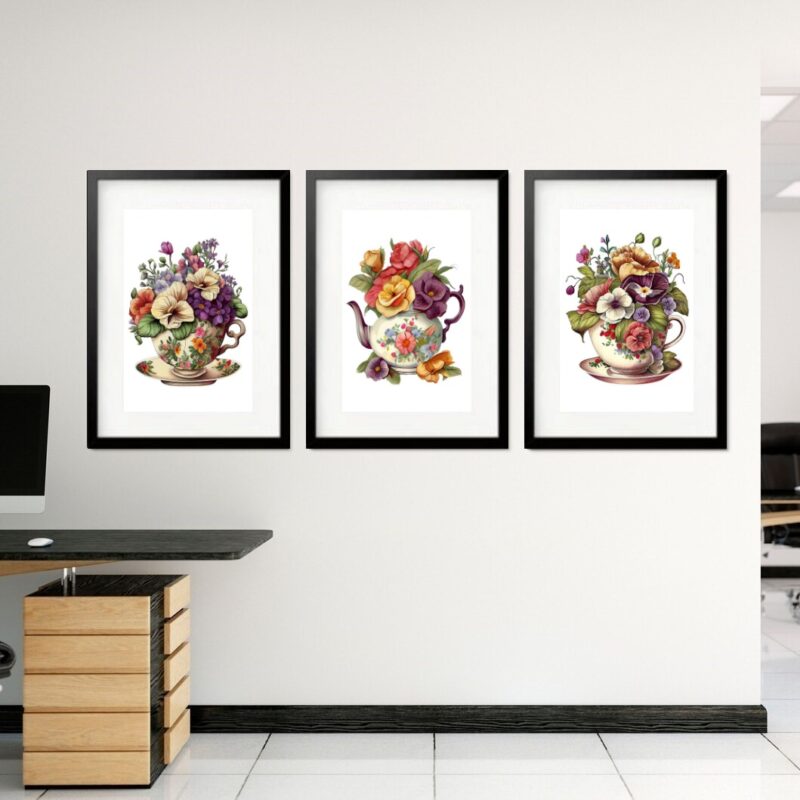 Kit 3 Quadros Grandes Chá e Flores 60x48cm