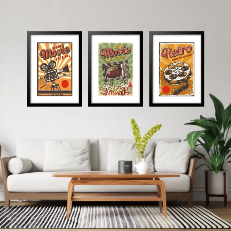Kit 3 Quadros Grandes Cinema Retrô 60x48cm