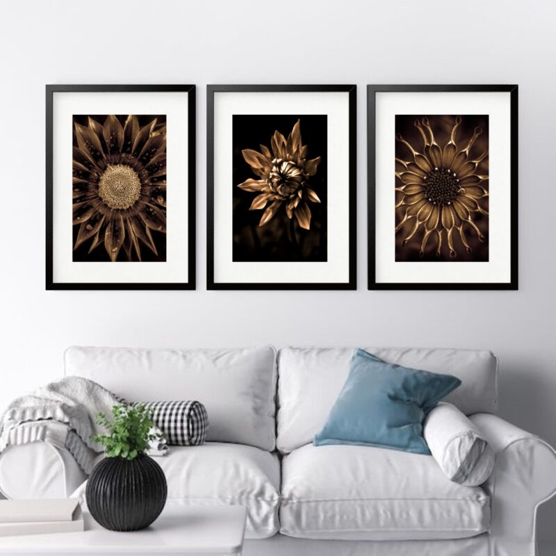 Kit 3 Quadros Grandes Dalia Dourada - 60x48cm
