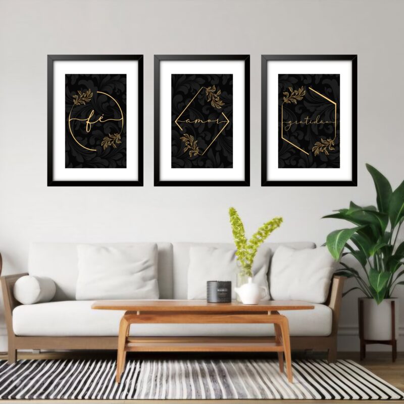 Kit 3 Quadros Grandes Dourado Fé Amor Gratidão 60x48cm