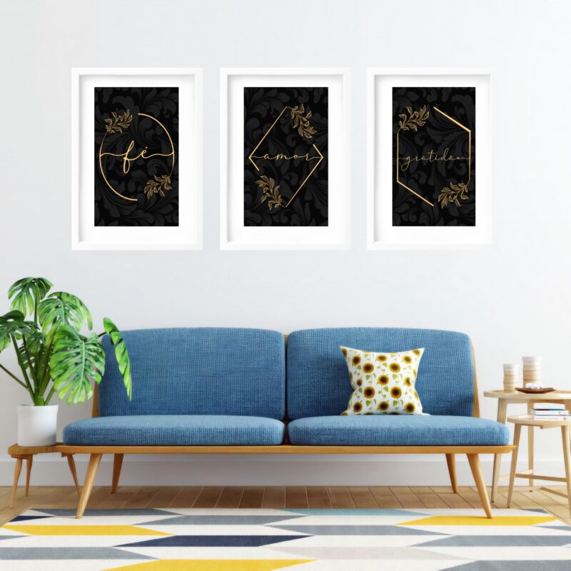 Kit 3 Quadros Grandes Dourado Fé Amor Gratidão 60x48cm - Image 2