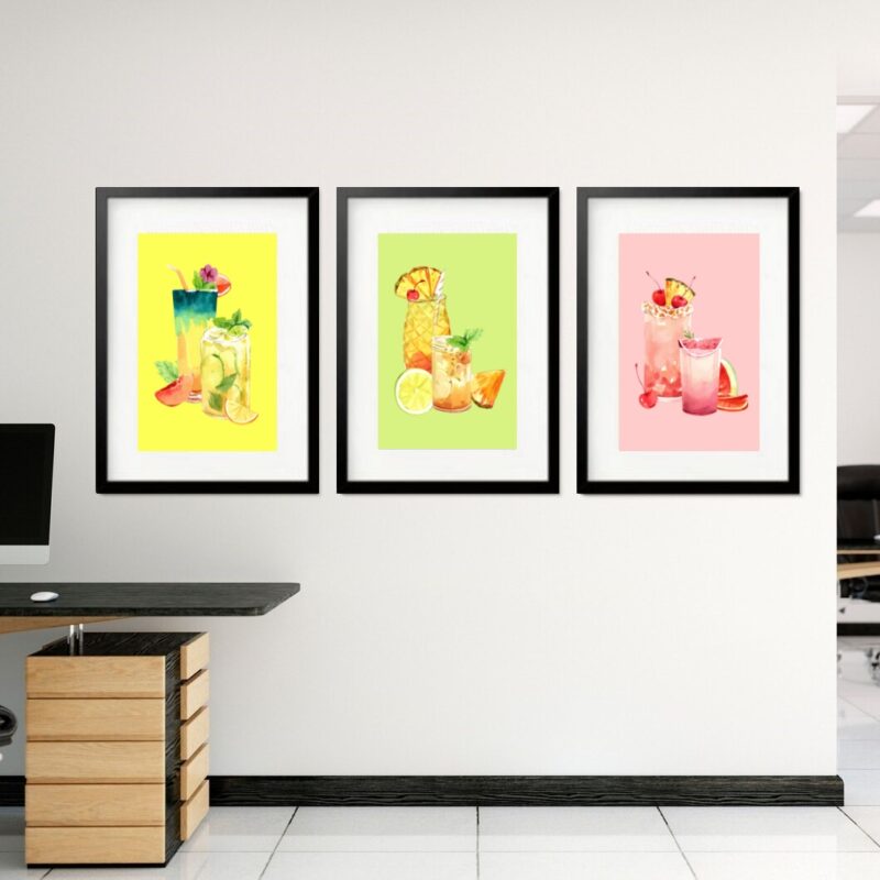 Kit 3 Quadros Grandes Drinks Aquarela 60x48cm