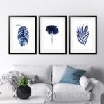 Kit 3 Quadros Grandes Flores Azuis - 60x48cm