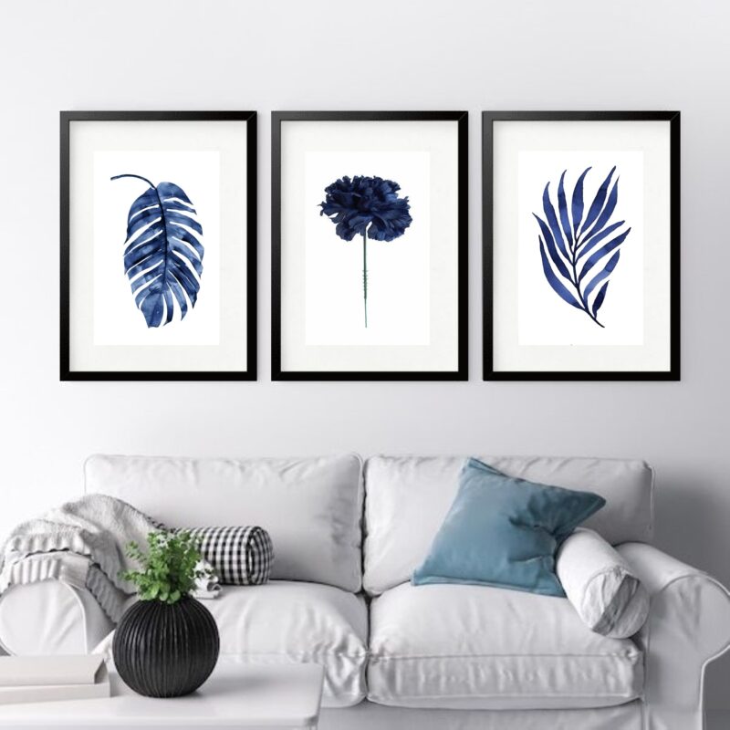 Kit 3 Quadros Grandes Flores Azuis - 60x48cm