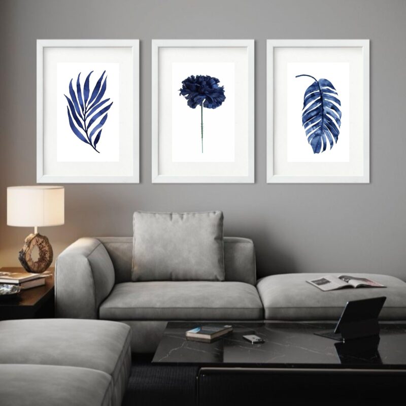 Kit 3 Quadros Grandes Flores Azuis - 60x48cm b