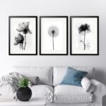Kit 3 Quadros Grandes Flores Pretas - 60x48cm