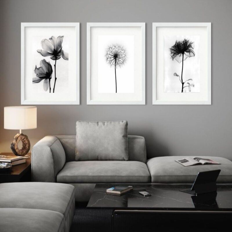 Kit 3 Quadros Grandes Flores Pretas - 60x48cm b