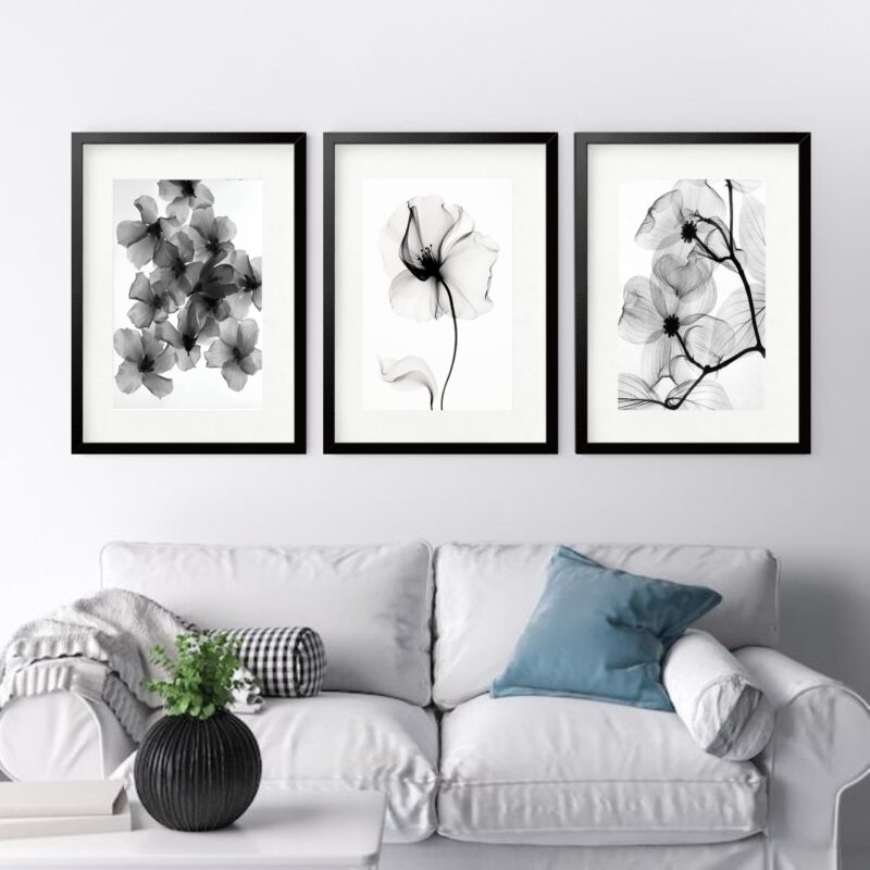 Kit 3 Quadros Grandes Flores Pretas I - 60x48cm