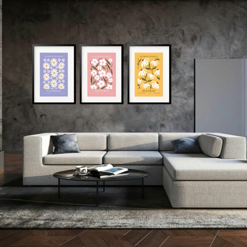 Kit 3 Quadros Grandes Flower Market Florida Milano Madrid 60x48cm