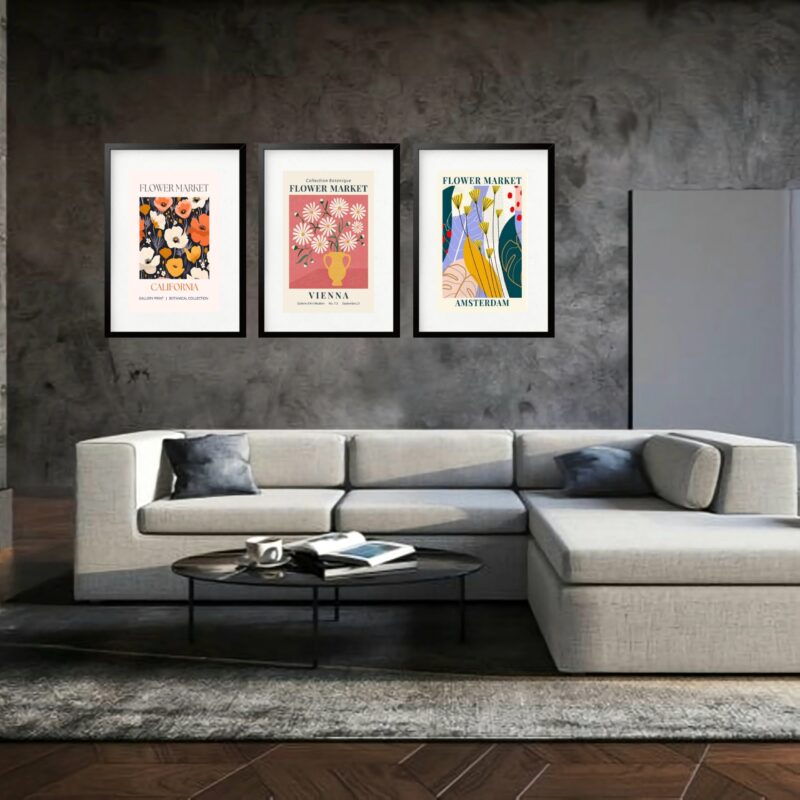 Kit 3 Quadros Grandes Flower Market Galerie d'Art Modern Collection 60x48cm
