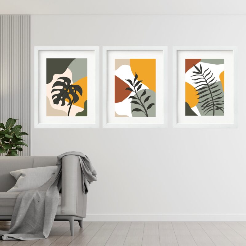 Kit 3 Quadros Grandes Folhas Boho -60x48 Cm b