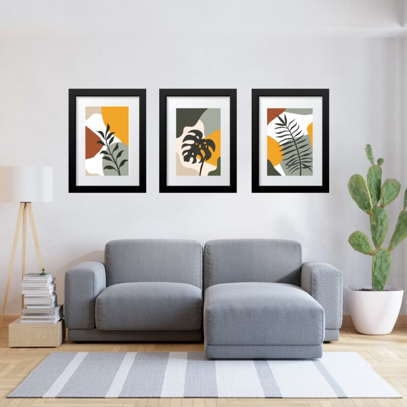 Kit 3 Quadros Grandes Folhas Boho -60x48 Cm