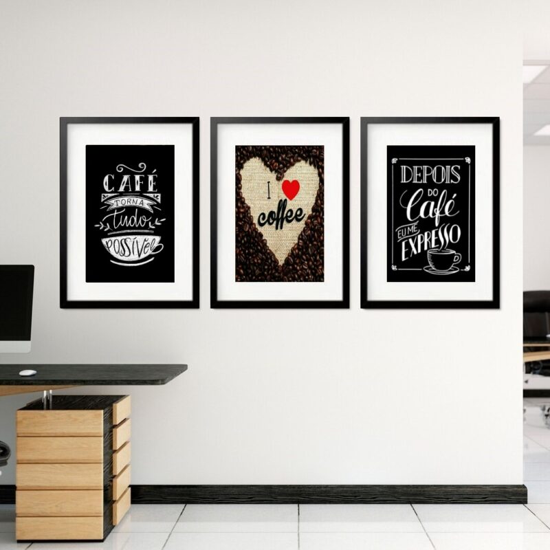 Kit 3 Quadros Grandes Frases Café 60x48cm
