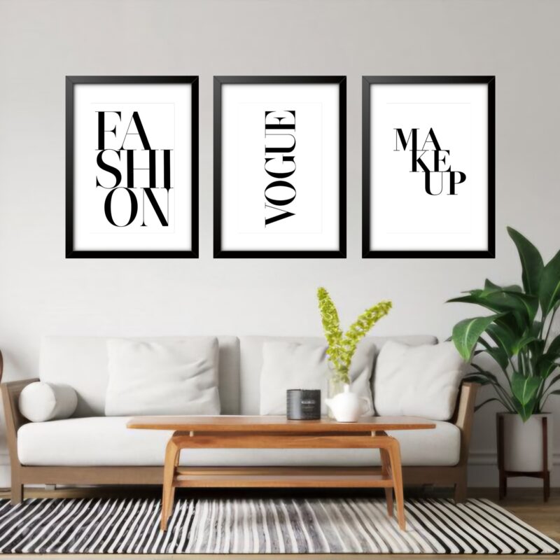 Kit 3 Quadros Grandes Frases Moda 60x48cm