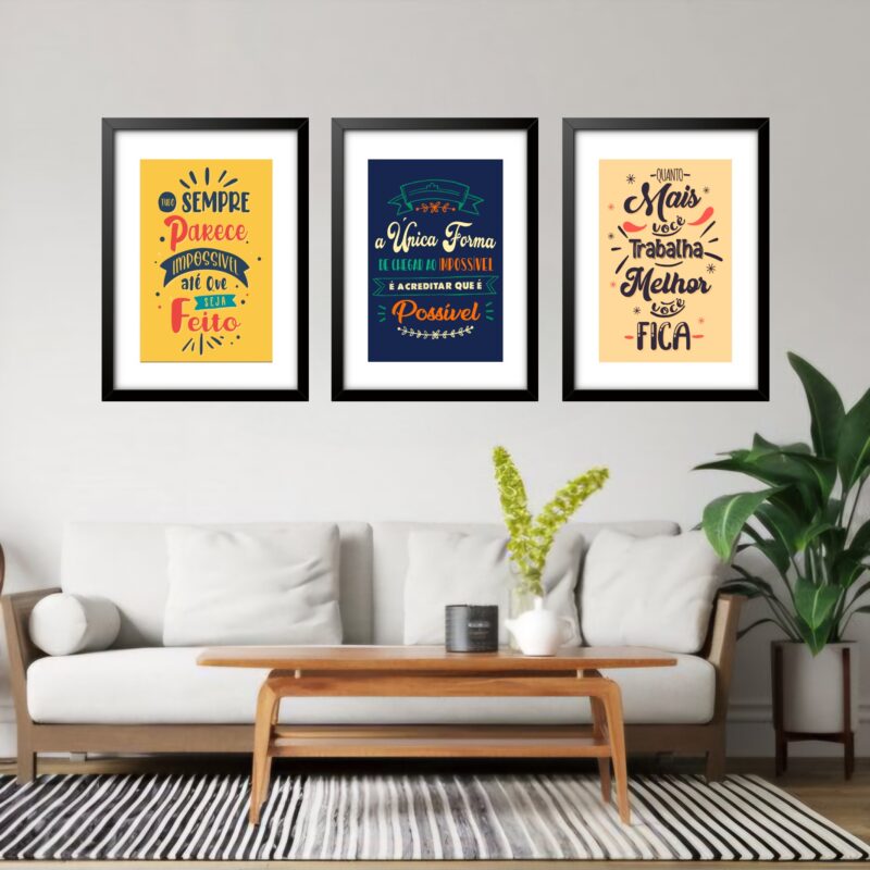 Kit 3 Quadros Grandes Frases Motivacionais 60x48cm