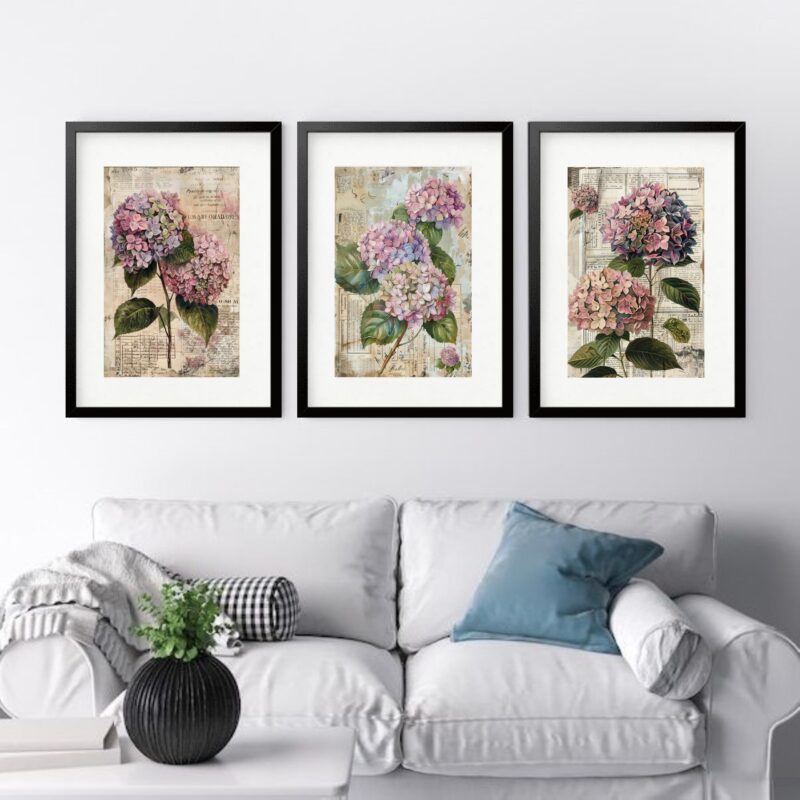 Kit 3 Quadros Grandes Hortências - 60x48cm