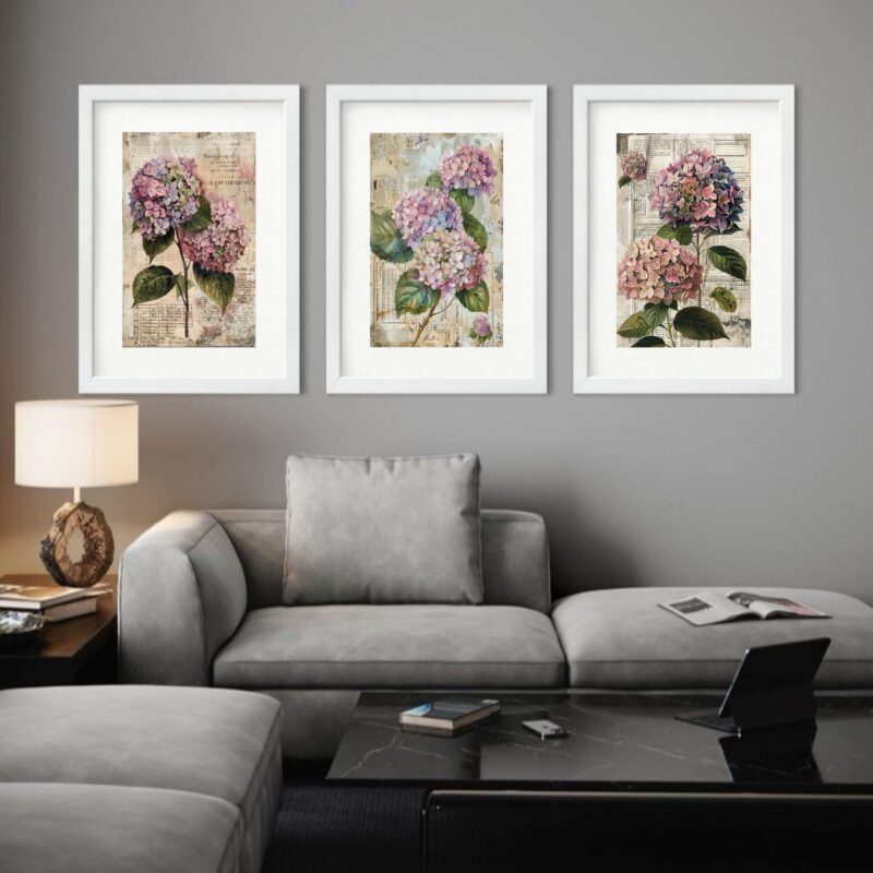 Kit 3 Quadros Grandes Hortências - 60x48cm b