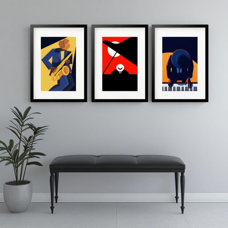 Kit 3 Quadros Grandes Jazz Vetor - 60x48cm