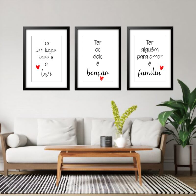 Kit 3 Quadros Grandes Lar Benção Família 60x48cm
