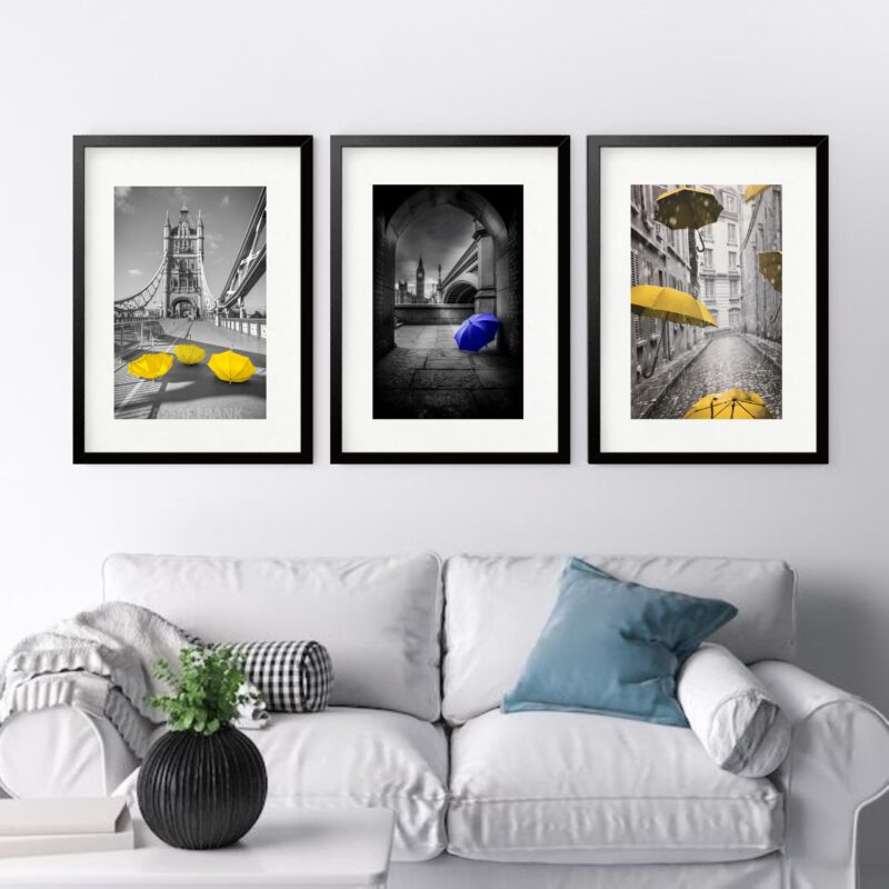 Kit 3 Quadros Grandes Londres Guarda Chuvas - 60x48cm