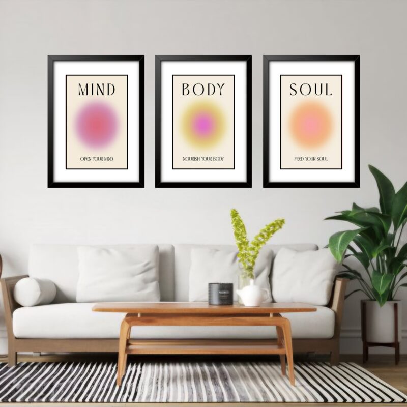 Kit 3 Quadros Grandes Mente Corpo e Alma 60x48cm