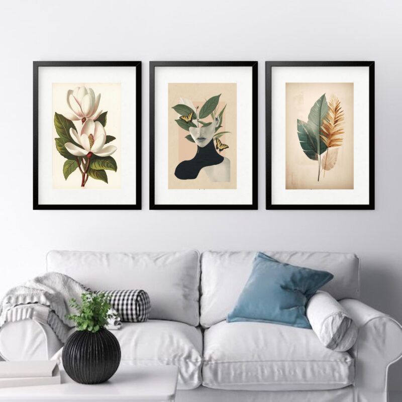 Kit 3 Quadros Grandes Mulher e Plantas - 60x48cm