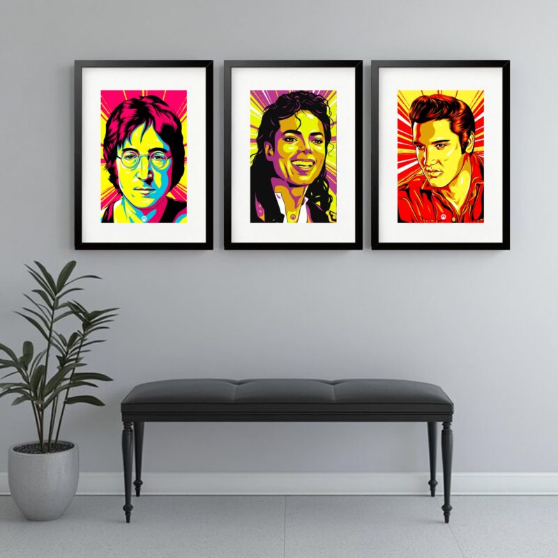 Kit 3 Quadros Grandes Músicos Famosos - 60x48cm