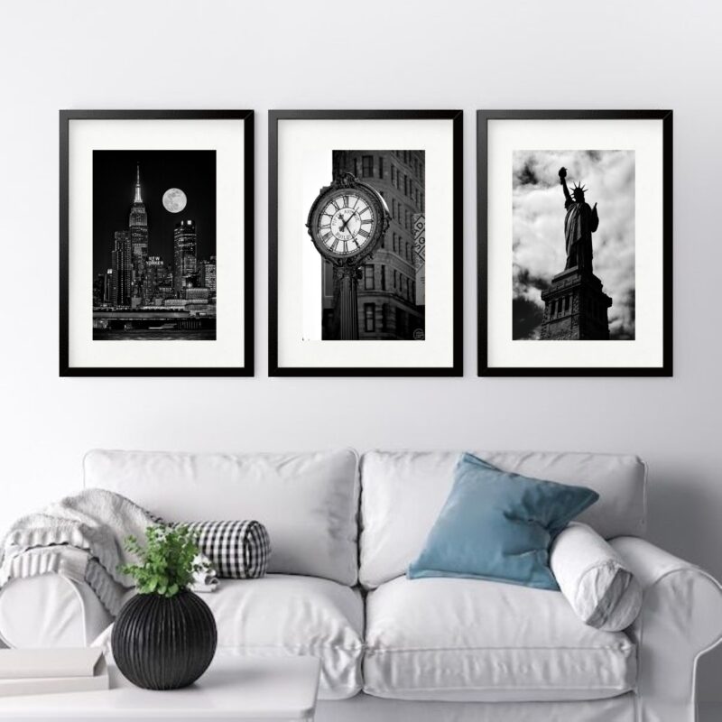 Kit 3 Quadros Grandes New York P&B - 60x48cm