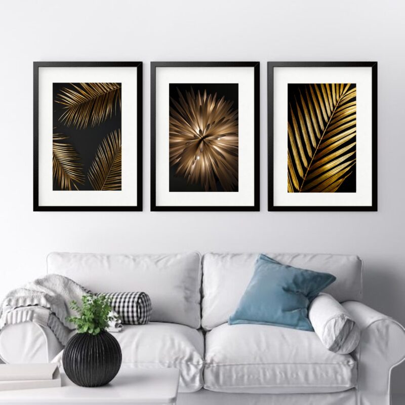 Kit 3 Quadros Grandes Plantas Douradas - 60x48cm
