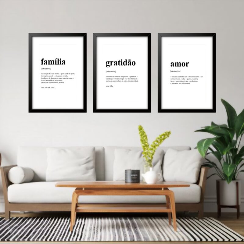 Kit 3 Quadros Grandes Significados Família Gratidão Amor 60x48cm