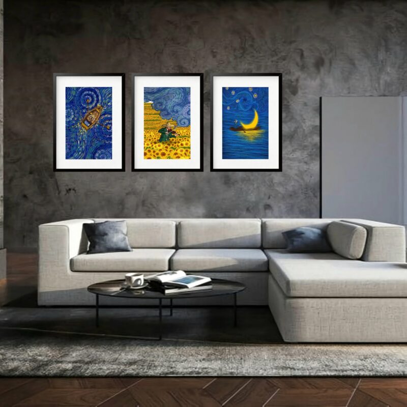 Kit 3 Quadros Grandes Van Gogh Releitura Collection 60x48cm