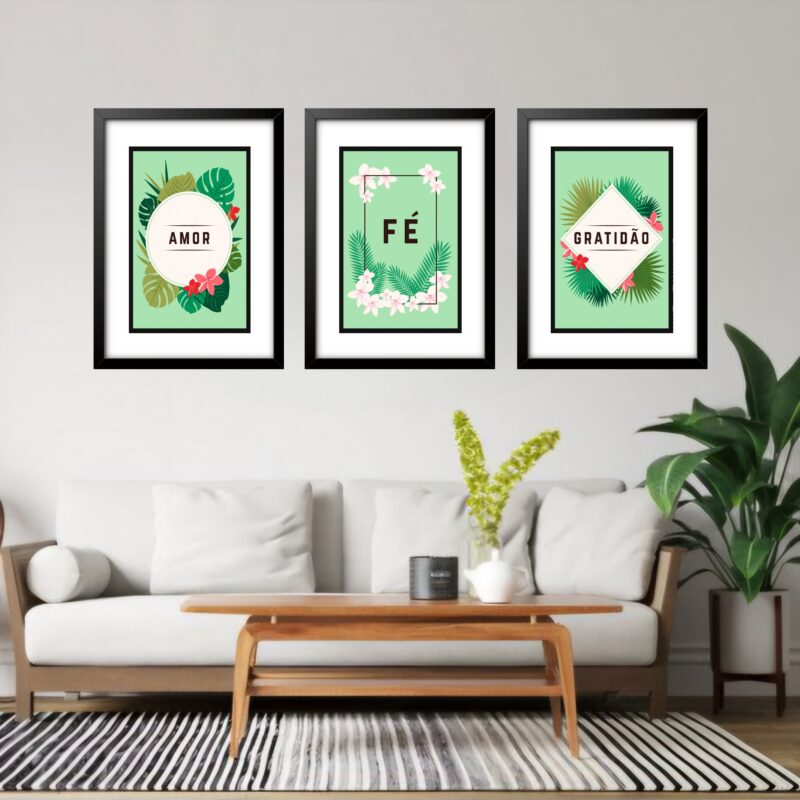 Kit 3 Quadros Grandes Verdes Amor Fé Gratidão 60x48cm