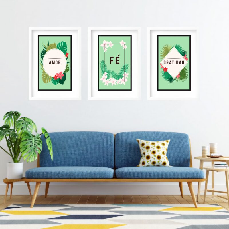 Kit 3 Quadros Grandes Verdes Amor Fé Gratidão 60x48cm - Image 2