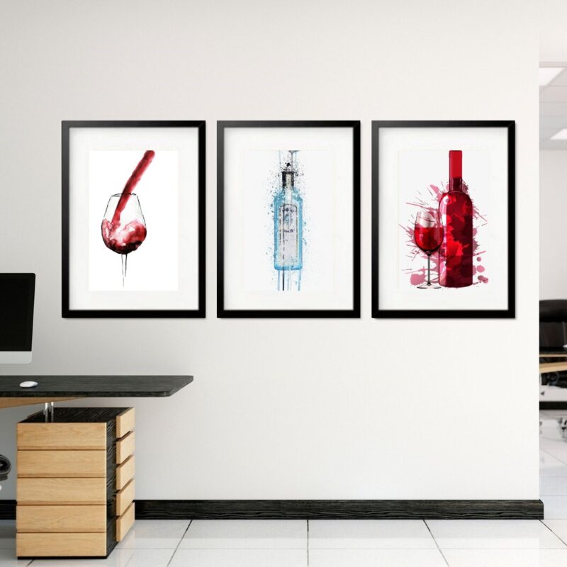 Kit 3 Quadros Grandes Vinho Aquarela 60x48cm