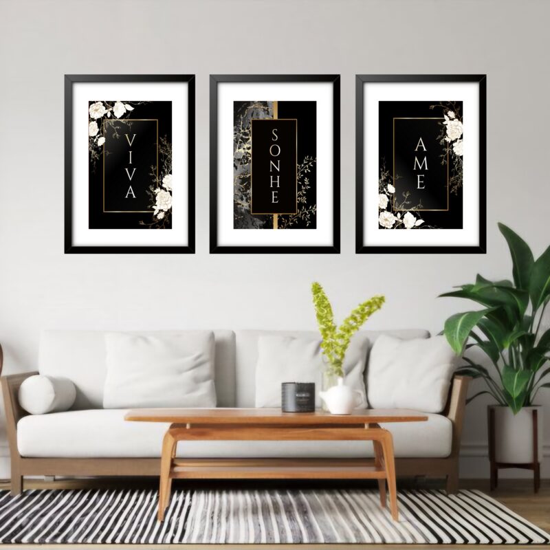 Kit 3 Quadros Grandes Viva Sonhe Ame 60x48cm