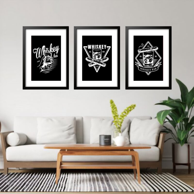 Kit 3 Quadros Grandes Whiskey 60x48cm