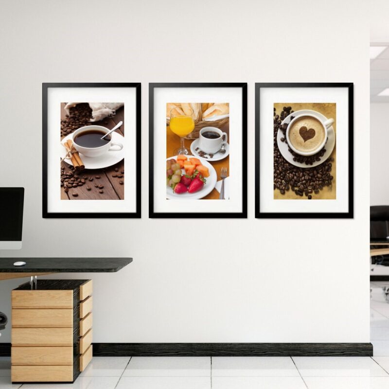Kit 3 Quadros Grandes Xícara Café Manhã 60x48cm