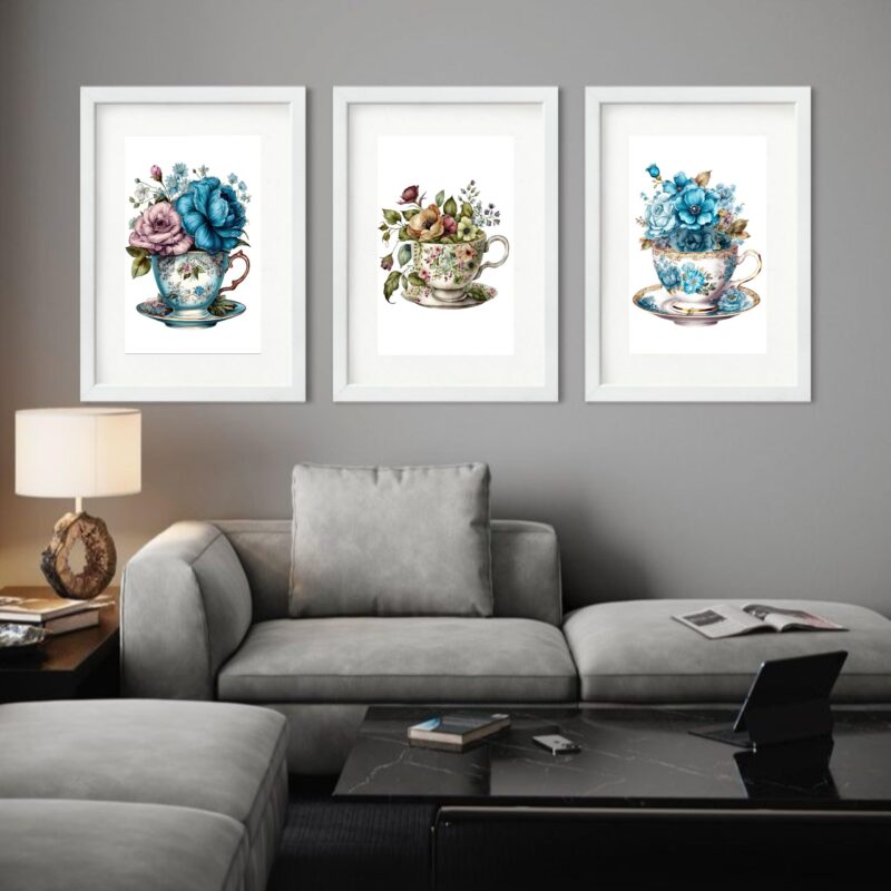Kit 3 Quadros Grandes Xícaras Flores - 60x48cm - Image 2