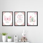 Kit 3 Quadros Infantis Cristãos - Borboleta Rosa