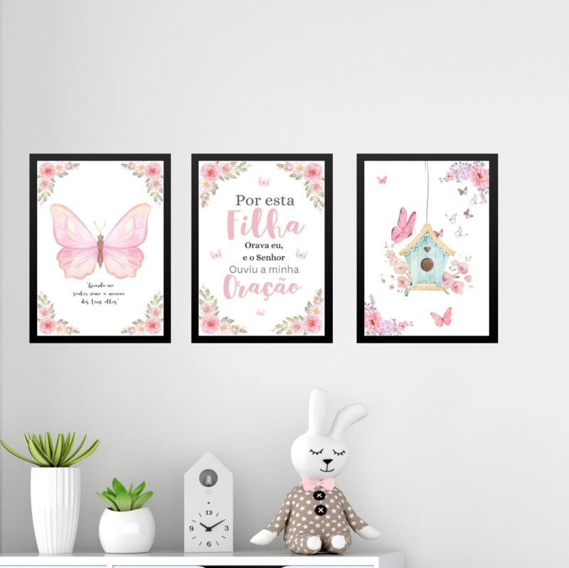 Kit 3 Quadros Infantis Cristãos - Borboleta Rosa