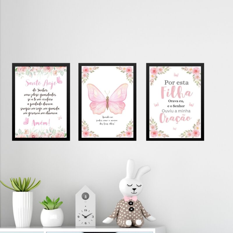 Kit 3 Quadros Infantis Cristãos Borboletas Santo Anjo