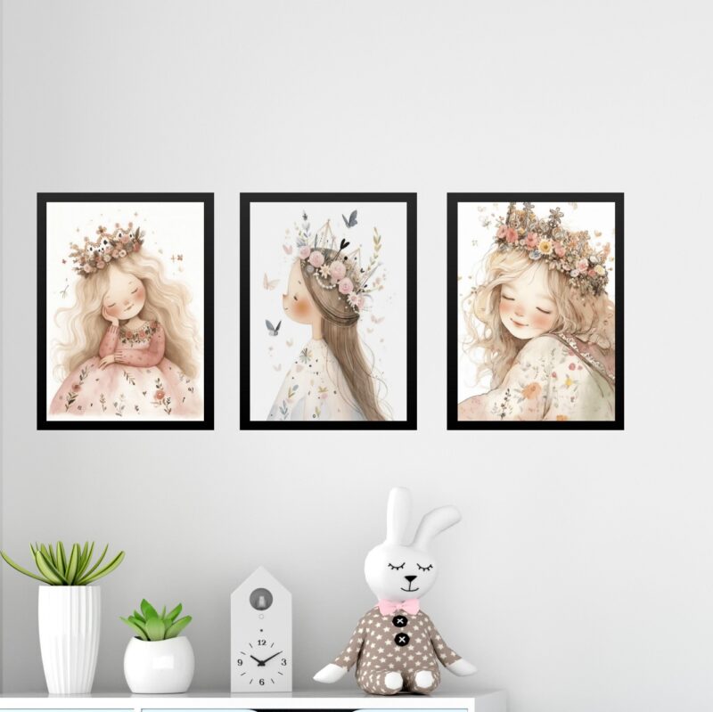 Kit 3 Quadros Infantis Menina Vintage Princesa