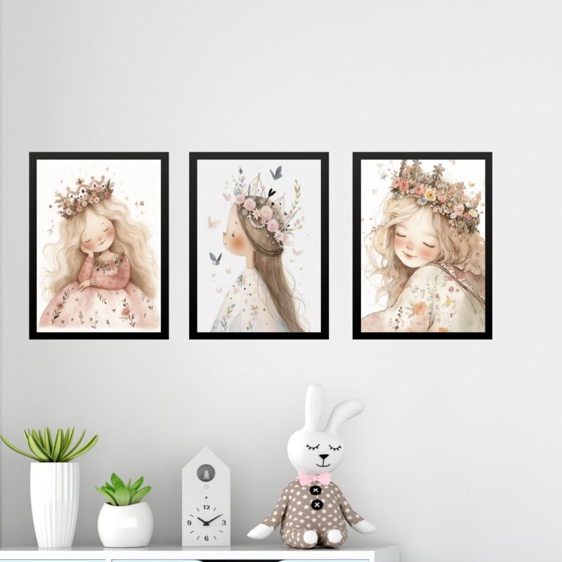 Kit 3 Quadros Infantis Menina Vintage Princesa