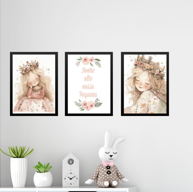 Kit 3 Quadros Infantis Princesa - Sonhe Alto