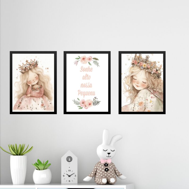 Kit 3 Quadros Infantis Princesa - Sonhe Alto