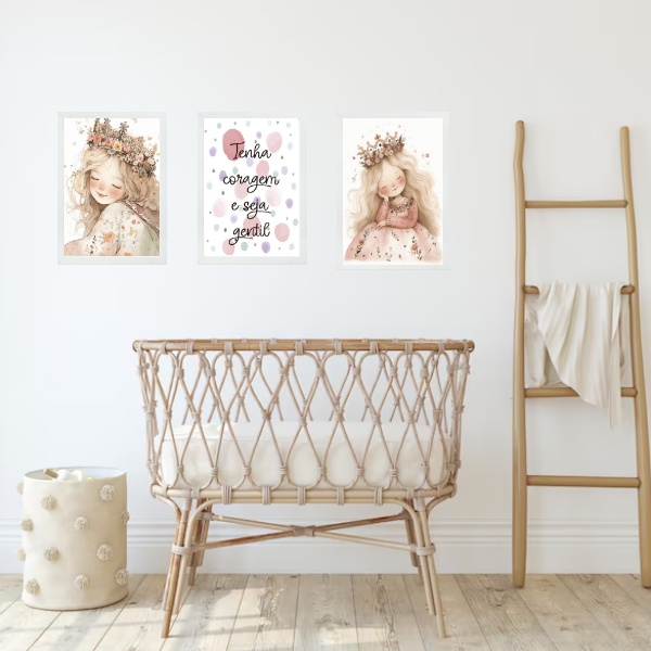 Kit 3 Quadros Infantis Princesa - Tenha Coragem Seja Gentil