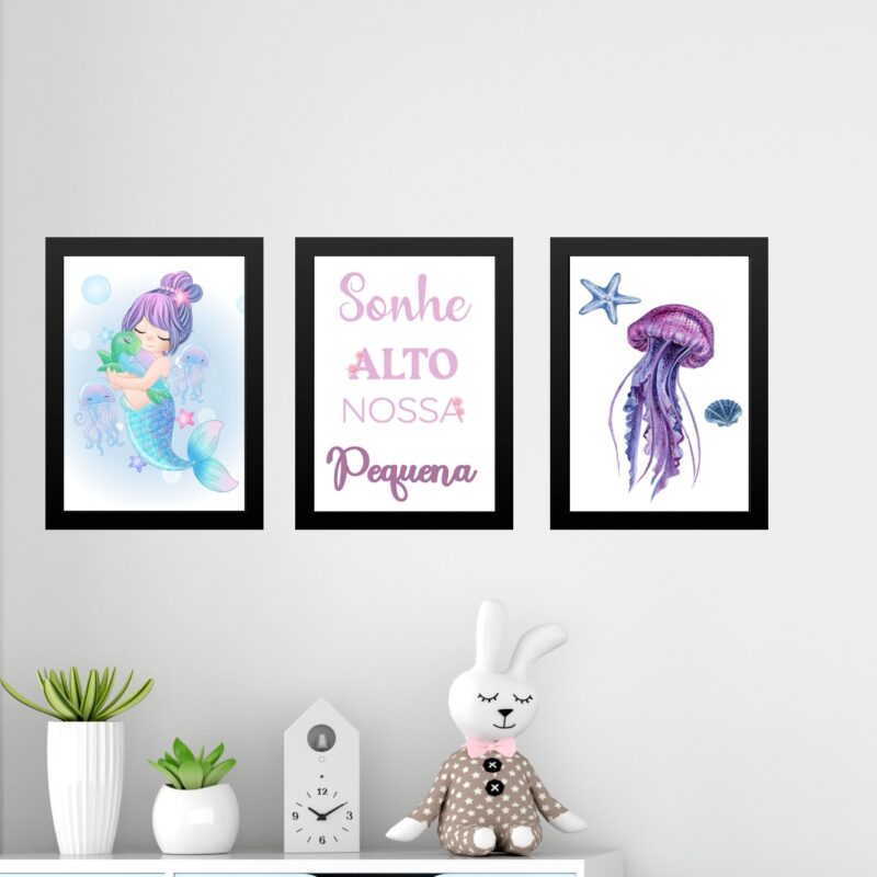 Kit 3 Quadros Infantis Sereia - Sonhe Alto