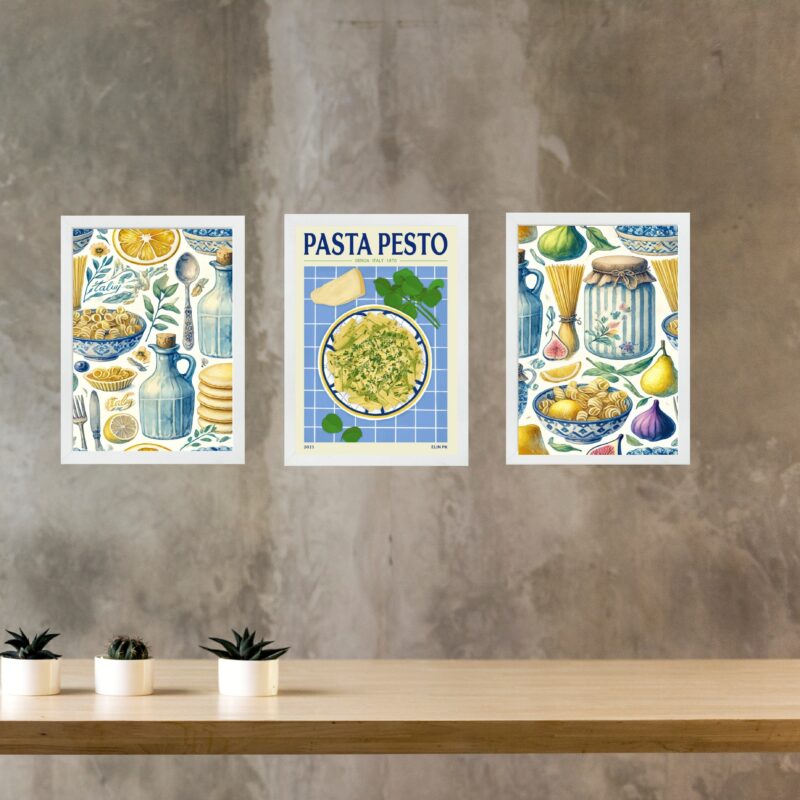 Kit 3 Quadros Para Cozinha Azul - Pasta Pesto